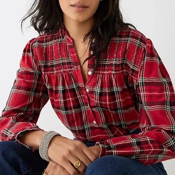 J. Crew Tops - J Crew Ruffle neck Cotton Flannel Popover Top in Good Tidings Plaid Size XS